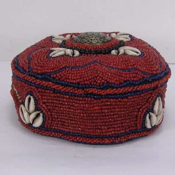 BEADED COWIRE SHELL SILVER TURQUOISE CULTURAL ETHNIC TRIBAL HAT HAND MADE Hats